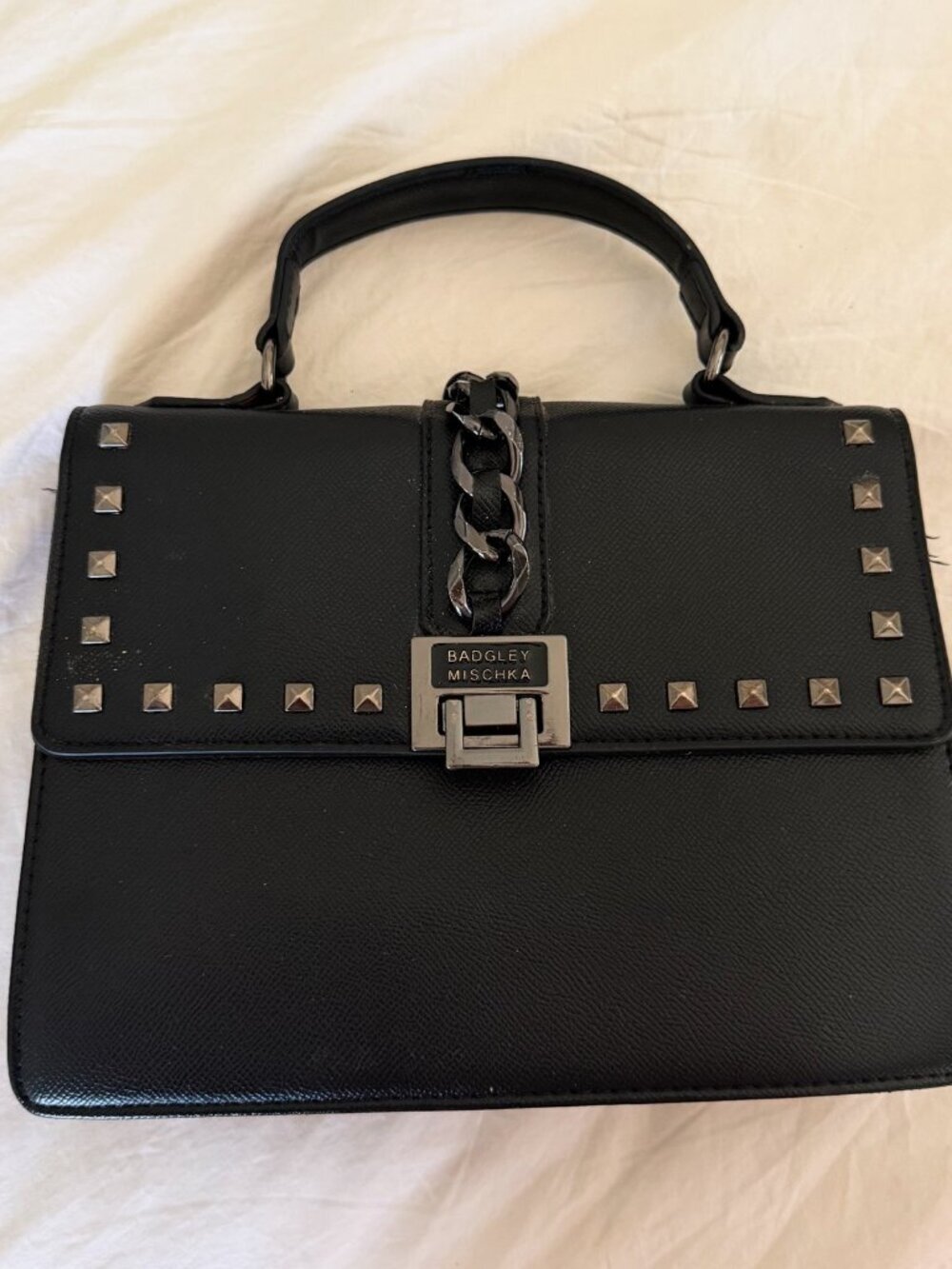 Badgley Mischka Black Studded Top Handle Satchel Chain Detail Bag